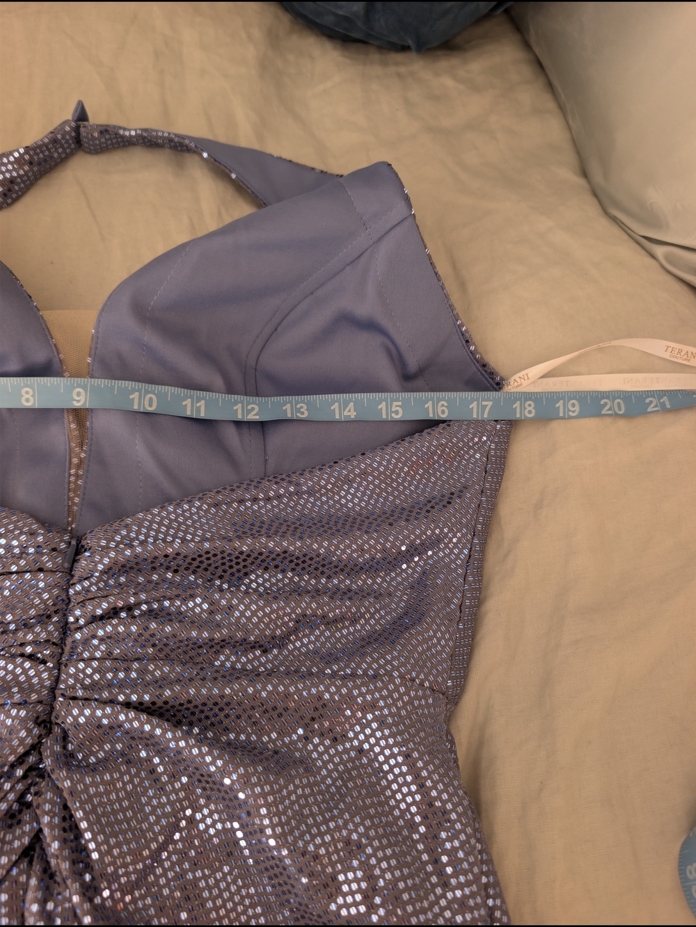 NWT Terani Couture 251P4369 Sequin Halter Rosette Gown Denim Blue Size 10 - Picture 9 of 11